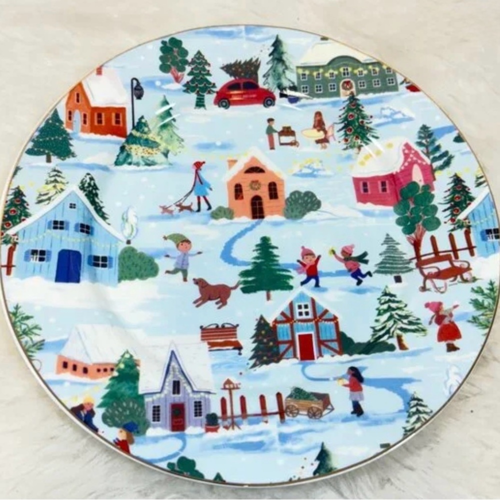 4 Christmas Village Dessert Plates 8.25" Gold Trim Grace Porcelain Holiday Town